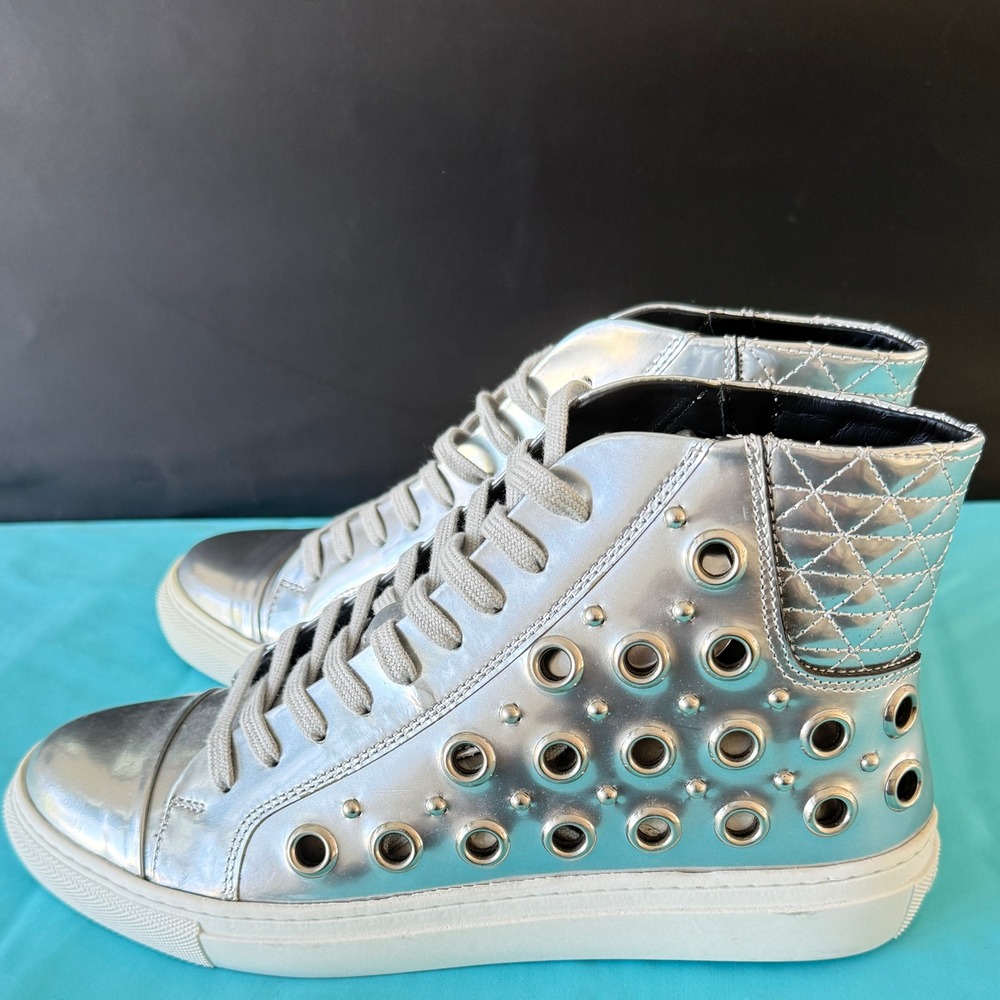 Versace Versus Men's Silver Riveted High Top‎ Leather Sneakers, 39 - Picture 3 of 15